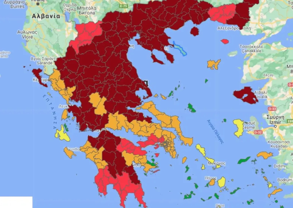 Στο βαθύ κόκκινο του επιδημιολογικού χάρτη δύο ακόμα περιοχές – “Βυθίζεται” η χώρα