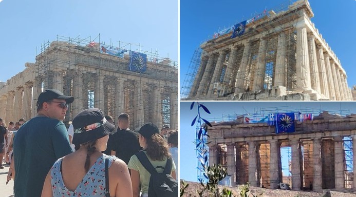 Απίστευτο σκηνικό στην Ακρόπολη – Άντρας σκαρφάλωσε στον Παρθενώνα και κρέμασε 4 σημαίες (pics&vid)