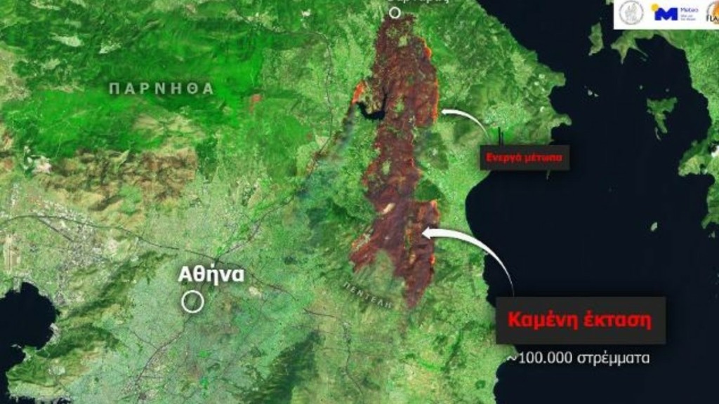 Φωτιά στην Αττική: 100.000 στρέμματα έχουν καεί από την πυρκαγιά