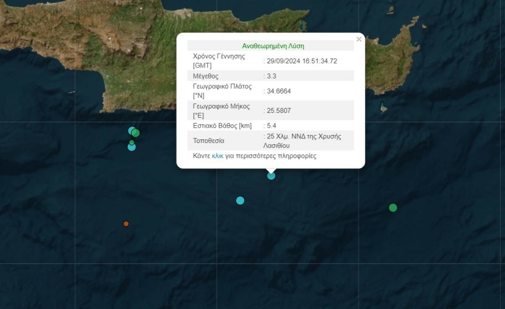 Σεισμός 3,3 Ρίχτερ ανοιχτά του Λασιθίου