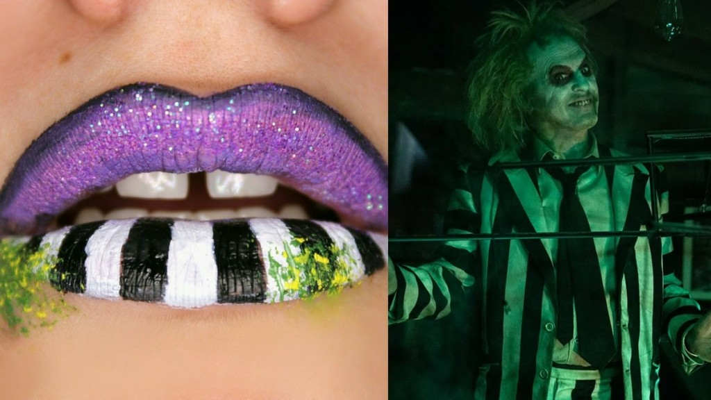 Beetlejuice Lips: Η νέα viral τάση μακιγιάζ που μιμείται το εμβληματικό ριγέ κοστούμι του Σκαθαροζούμη