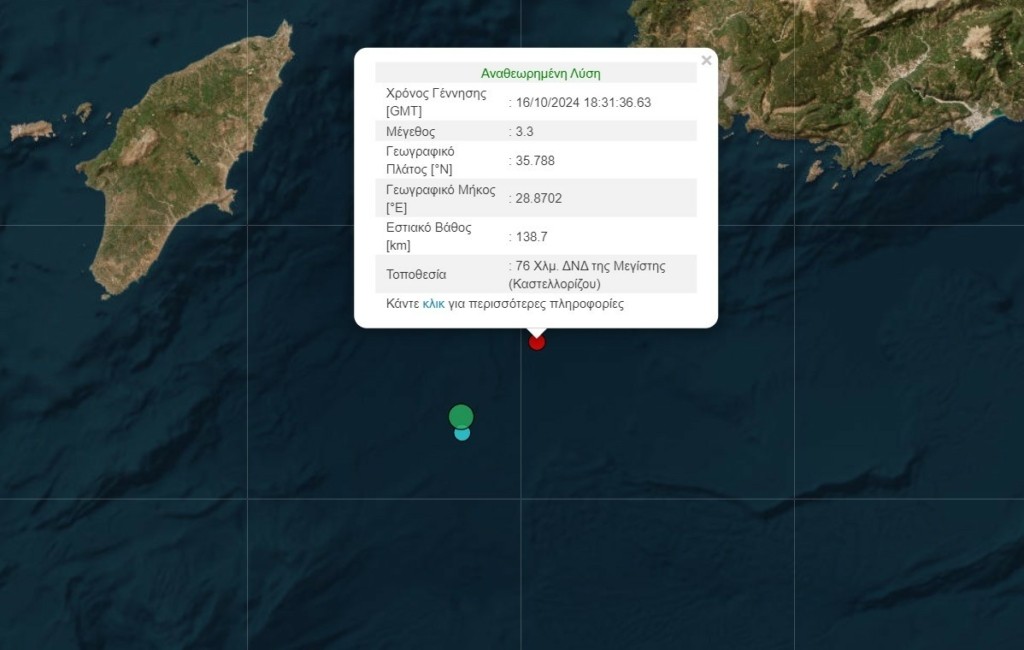 Σεισμός 3,3 Ρίχτερ ανοιχτά του Καστελλόριζου