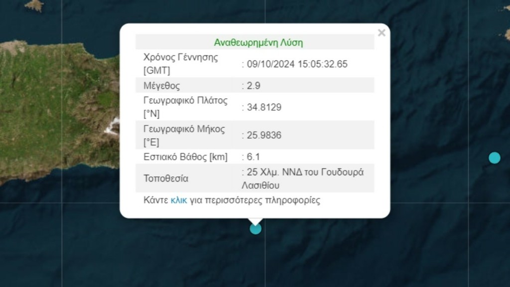 Σεισμός 2.9 Ρίχτερ ανοικτά του Λασιθίου