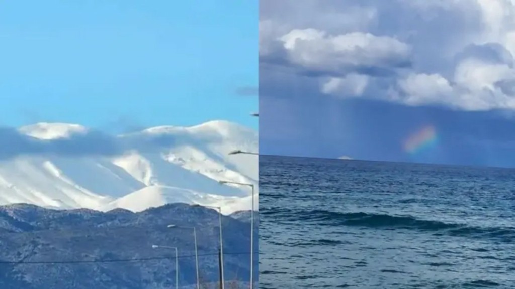 Μαγευτικές εικόνες στην Κρήτη – Τα χιονισμένα βουνά και το ουράνιο τόξο