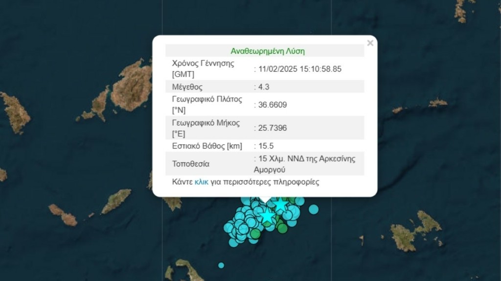 Νέος σεισμός μεγέθους 4,3 Ρίχτερ ανοικτά της Αμοργού