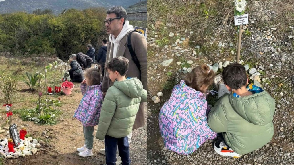 Παντελής Τουτουντζής: Μαζί με τα παιδιά του στο σημείο της τραγωδίας των Τεμπών – Φωτογραφίες