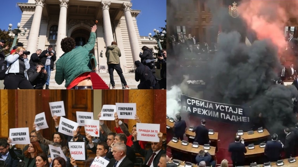 Σερβία: Επεισόδια εντός και εκτός Βουλής – Καπνογόνα, πυροσβεστήρες και πέταγμα αυγών (Βίντεο – φωτογραφίες)