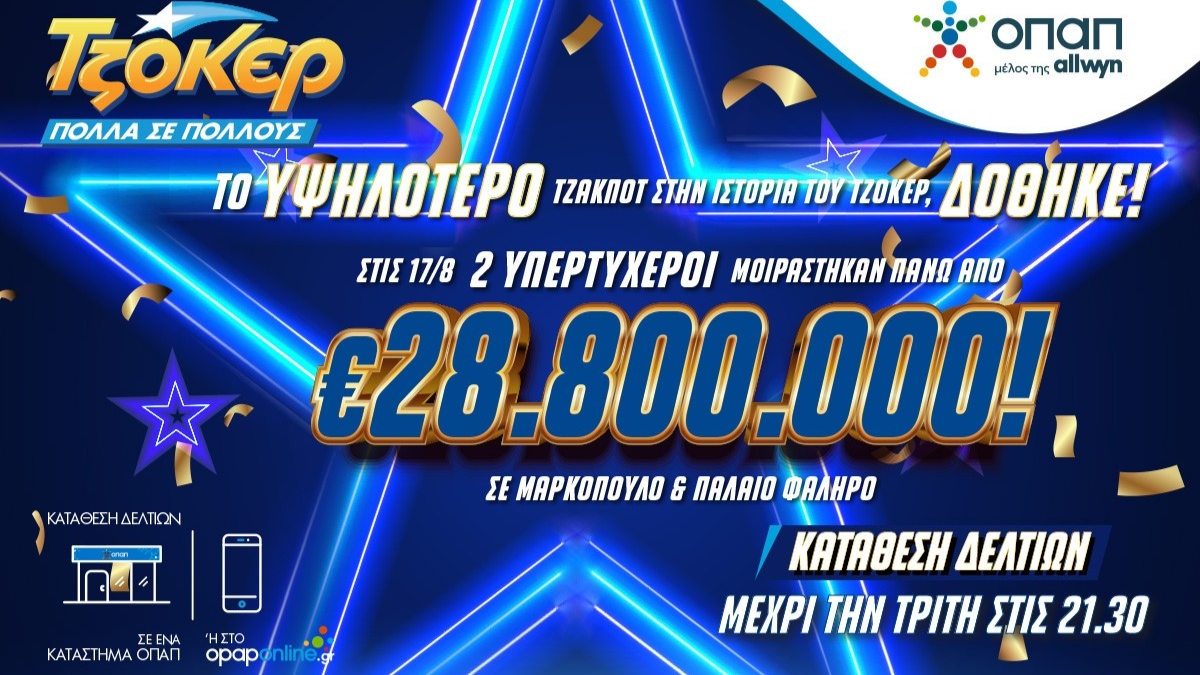 ΤΖΟΚΕΡ: Μαρκόπουλο και Παλαιό Φάληρο «παραμιλούν» με τους δύο υπερτυχερούς που μοιράστηκαν πάνω από 28,8 εκατ. ευρώ