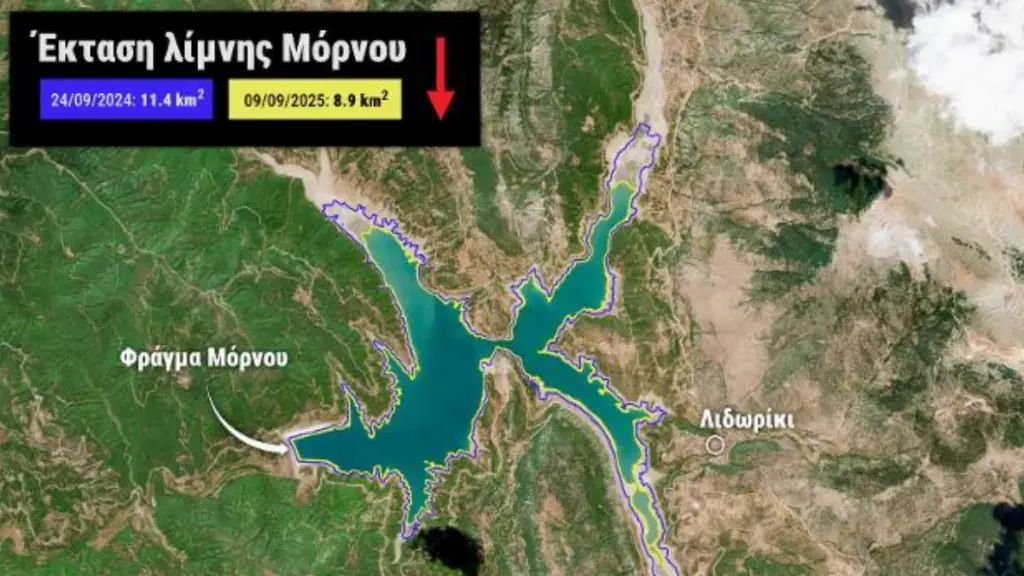 Η λίμνη του Μόρνου εκπέμπει SOS: Στο χαμηλότερο επίπεδο της 10ετίας η έκτασή της – Μείωση 42% στα αποθέματα νερού