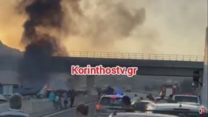 Μέγαρα: Τροχαίο με νταλίκα – Τυλίχθηκε στις φλόγες το όχημα (Βίντεο)