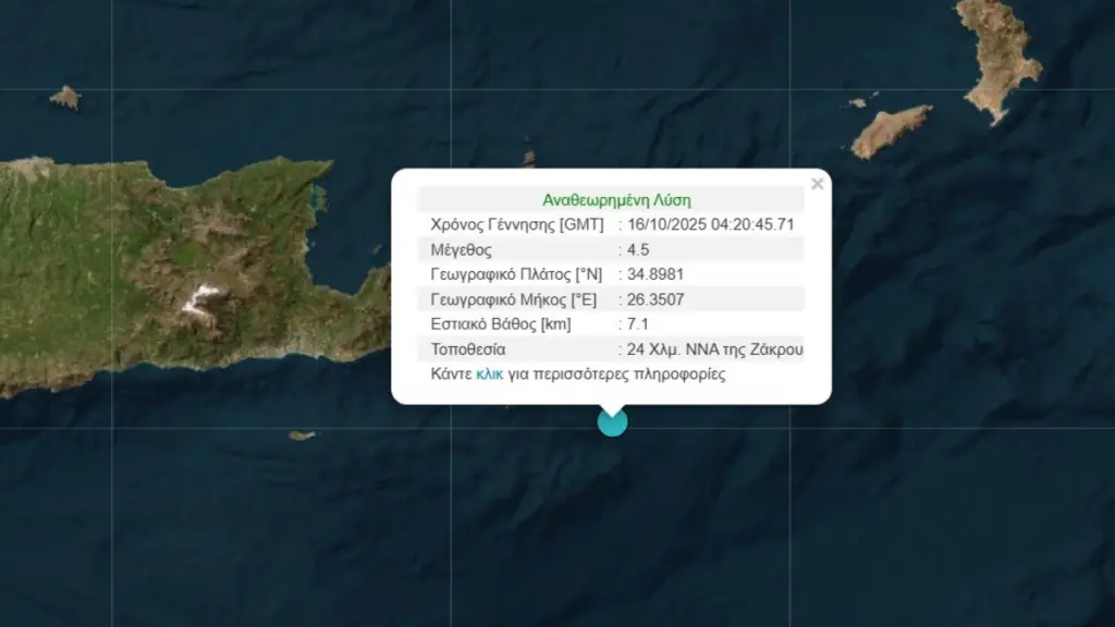 Σεισμός 4,5 Ρίχτερ ανοιχτά του Λασιθίου – Έγινε αισθητός σε Κάσο και Κάρπαθο