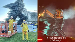 Δείτε συνεργείο καθαρισμού να πλένει το γλυπτό του «Δρομέα» στη Βασιλέως Κωνσταντίνου (pic+vid)