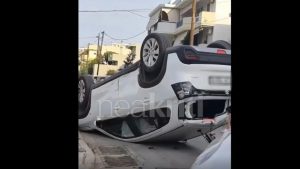 Ηράκλειο: Σοκαριστικό τροχαίο – Αυτοκίνητο ανατράπηκε στο δρόμο