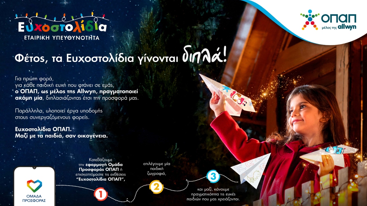 Με κάθε Ευχοστολίδι διπλή προσφορά στα παιδιά: Για κάθε παιδική ευχή που πραγματοποιούμε ο ΟΠΑΠ εκπληρώνει άλλη μία εκ μέρους μας