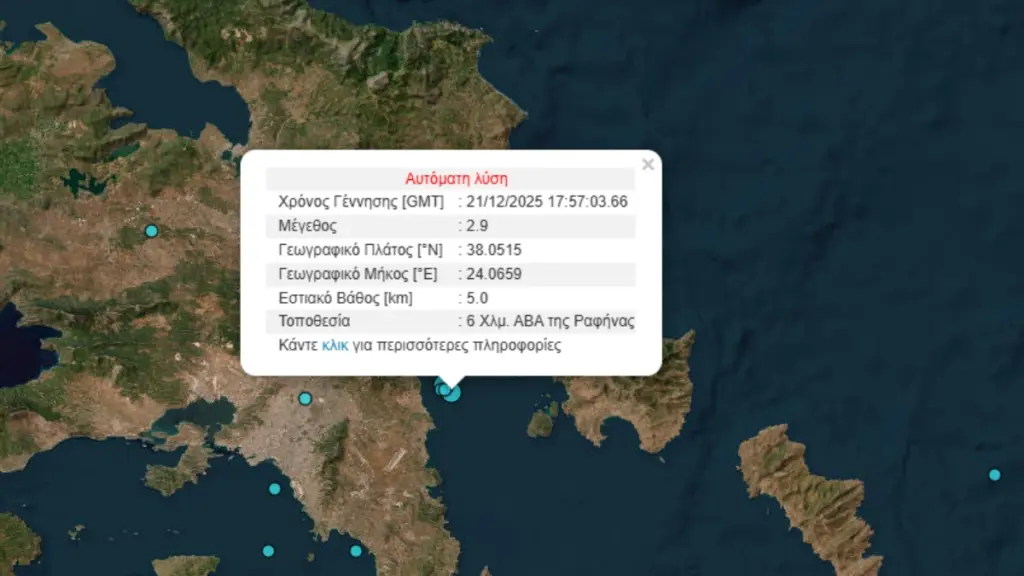 Δύο σεισμοί 2,7 και 2,9 Ρίχτερ ανοικτά της Ραφήνας