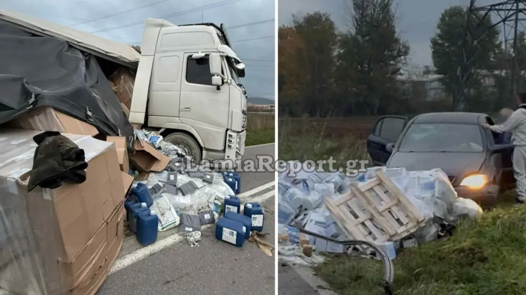 Τρόμος στη Θήβα: Γέμισε το οδόστρωμα τσιμέντα από εκτροπή νταλίκας – Εξετράπη αυτοκίνητο
