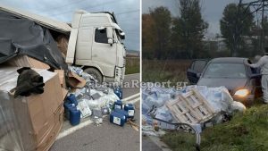 Τρόμος στη Θήβα: Γέμισε το οδόστρωμα τσιμέντα από εκτροπή νταλίκας – Εξετράπη αυτοκίνητο