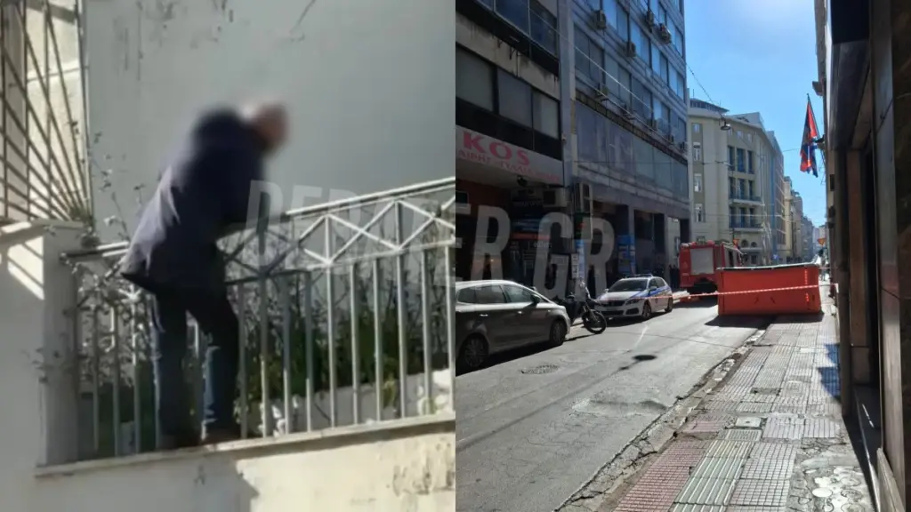 Έληξε το θρίλερ στο κέντρο της Αθήνας – Κατέβηκε ο άνδρας που απειλούσε να πέσει από τον 7ο όροφο (βίντεο + εικόνες)