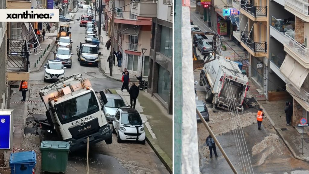 Ξάνθη: Άνοιξε ο δρόμος και «κατάπιε» απορριμματοφόρο – Το όχημα στεκόταν στον αέρα (Βίντεο)