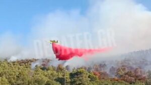 Δείτε βίντεο – Πυροσβεστικό αεροσκάφος κάνει ρίψη επιβραδυντικού υλικού στην Οινόη